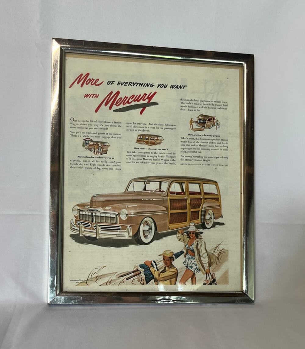 Vintage 1950s Mercury Station Wagon Ad Framed Chrome Silver Frame Wall Art